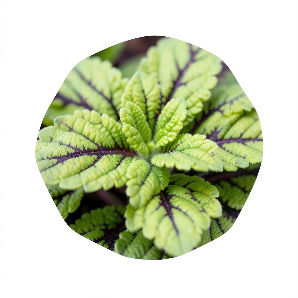 Macro photograph of lime green coleus leaves with dark veins in a blob cutout on white
